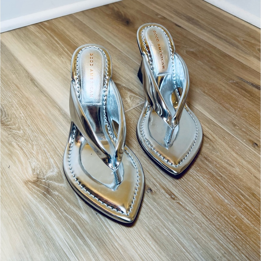 Good American Silver Wedge Sandals